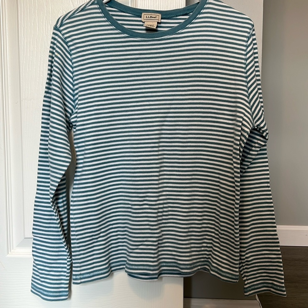 L.L. Bean Teal and White Striped Long Sleeve Tee